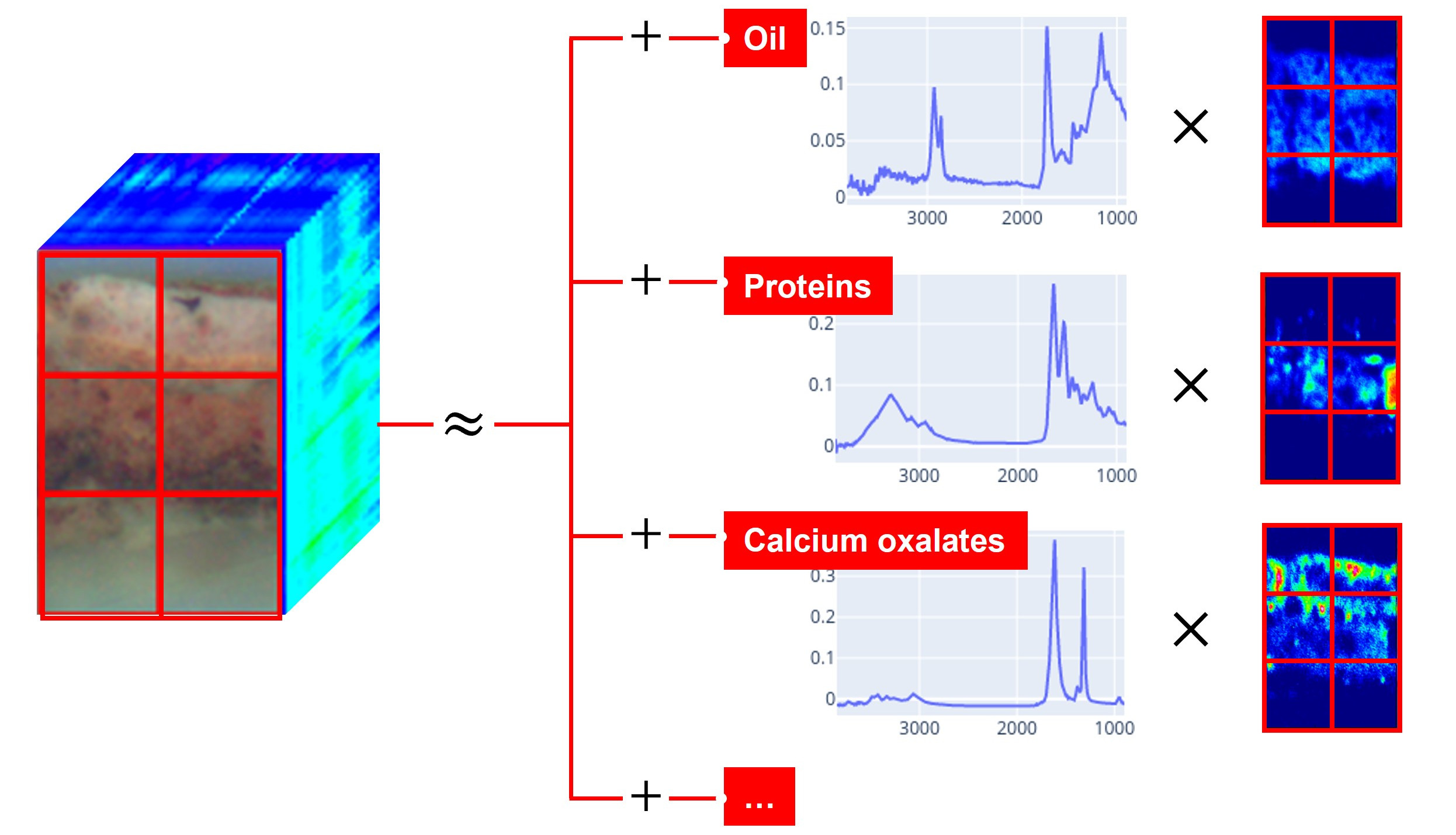 Illustration of FTIR hyperspectral unmixing of a painting cross-section